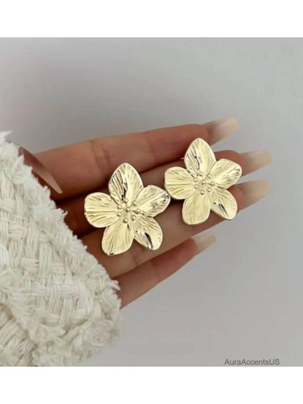 Chunky Gold Leaf Flower Dangle Earrings, Hypoallergenic Metal Statement Jewelry